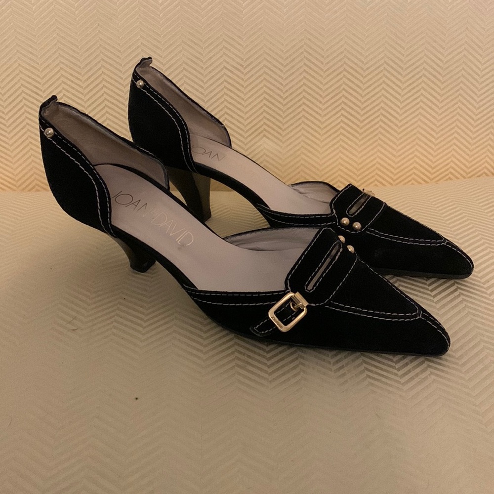 Joan & David Black Pointed Toe Slingback Heels with Gold Buckle